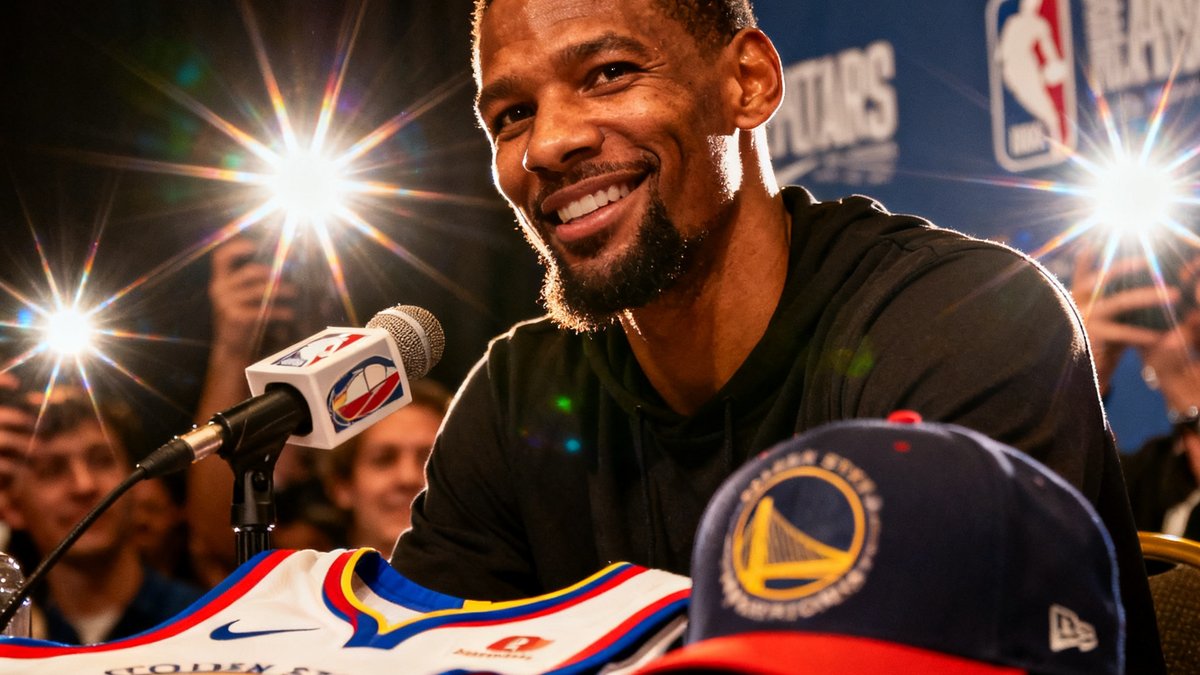 一名NBA球星坐在新闻发布会桌前，面前摆放着新球队的球衣和帽子，背景是球队标志墙，闪光灯频繁亮起。